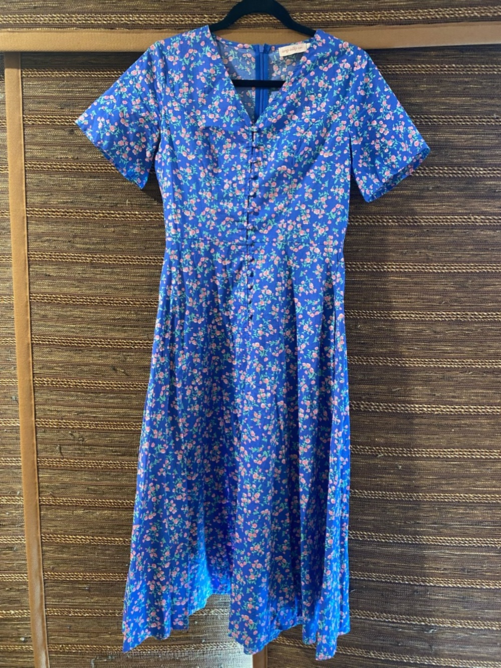 Ivy City Co Blue Floral Midi Dress with Pink Blossoms